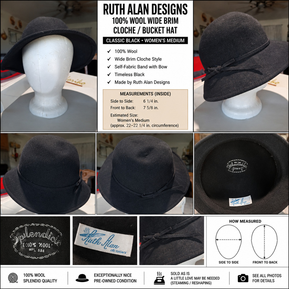 Ruth Alan Designs Black 100% Wool Wide Brim Cloche Bucket Hat Women's Medium 22"